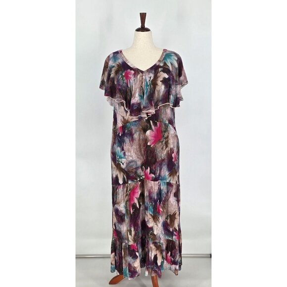 Soft Surroundings Dark Floral Crepe Tiered Maxi Dress Flutter Sleeves Womens 1X - Picture 2 of 10